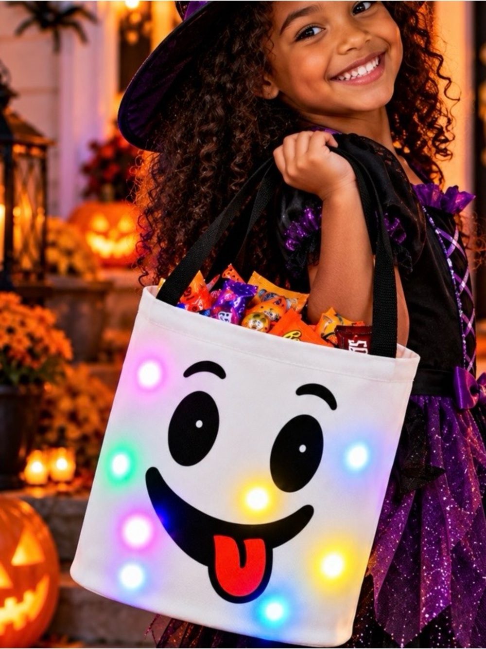 White Ghost Light Up LED Halloween Trick or Treat Bag